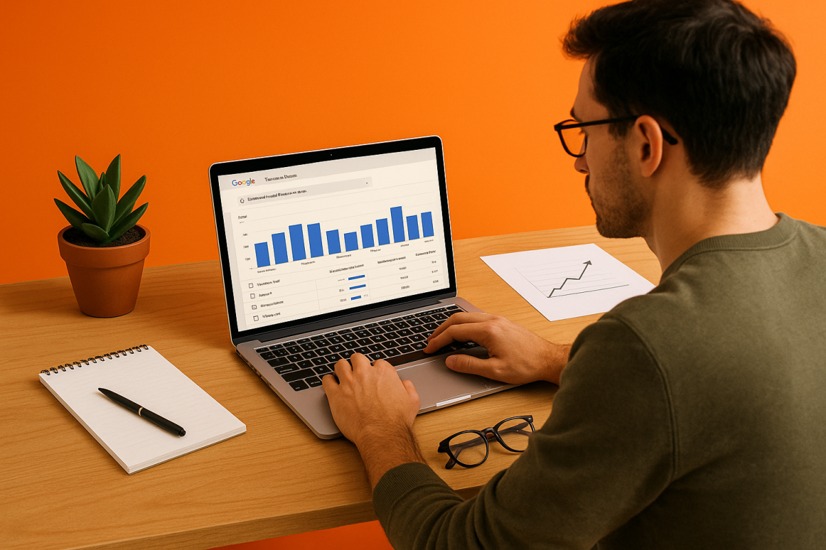 Homem usando laptop com gráficos do Google na mesa.