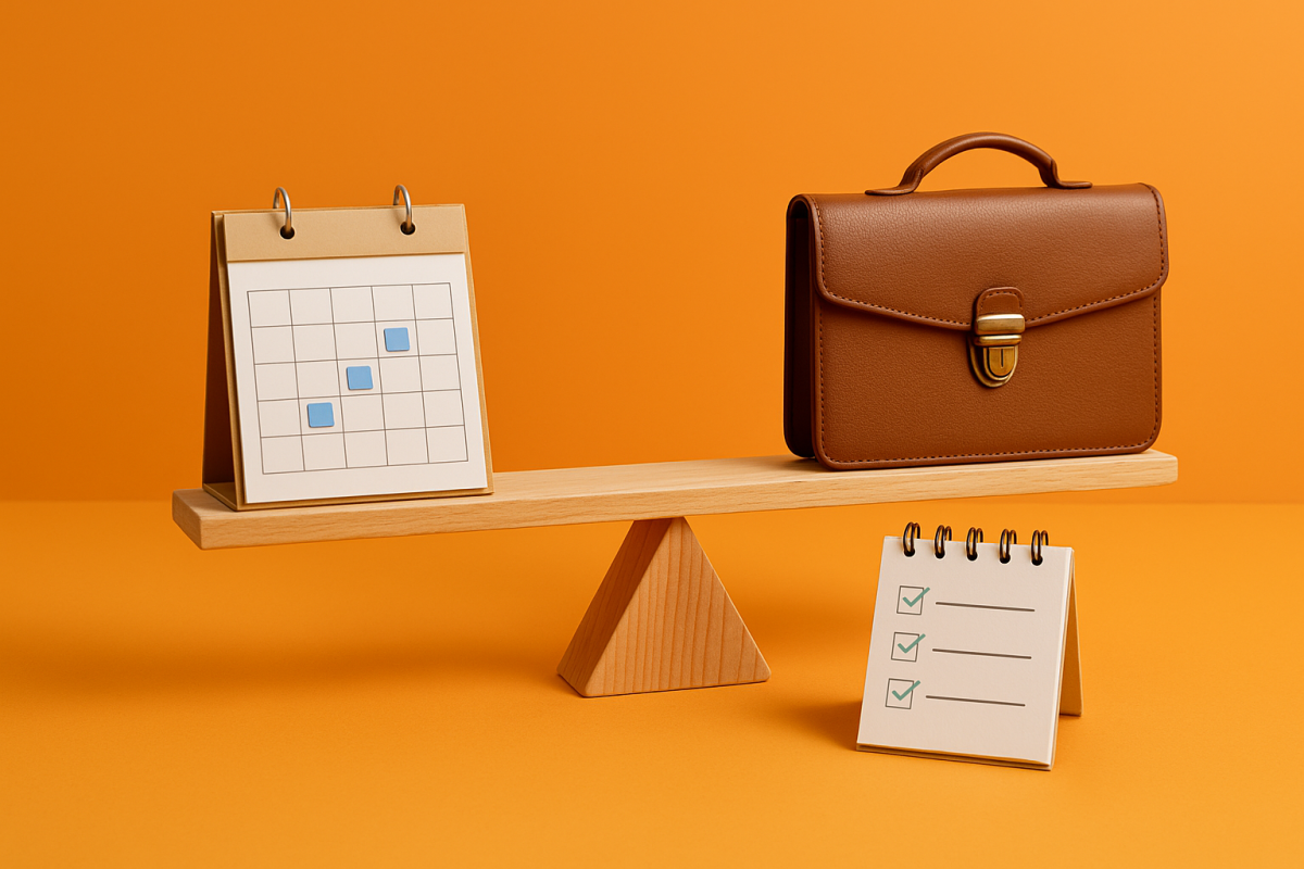 Balança com calendário e pasta executiva