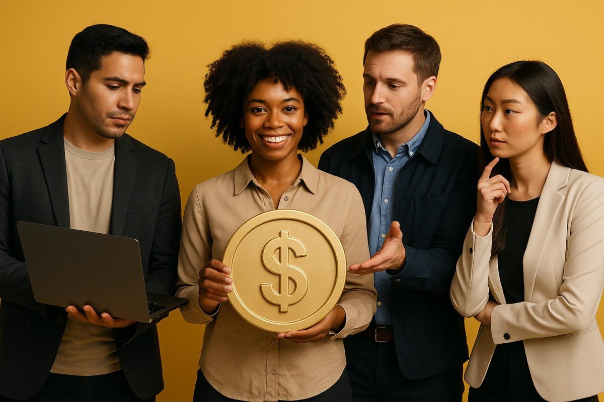 Grupo discutindo sobre finanças com símbolo de dólar dourado.