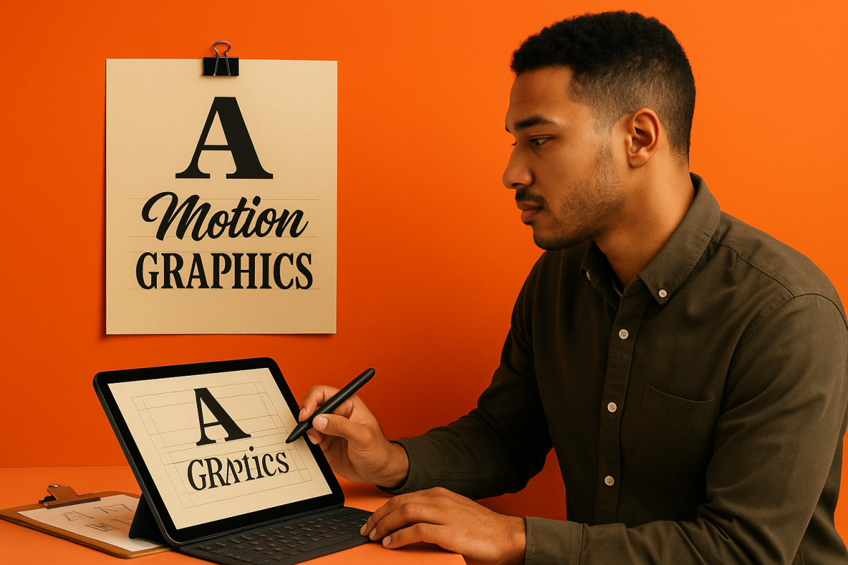 Homem desenhando tipografias em um tablet.