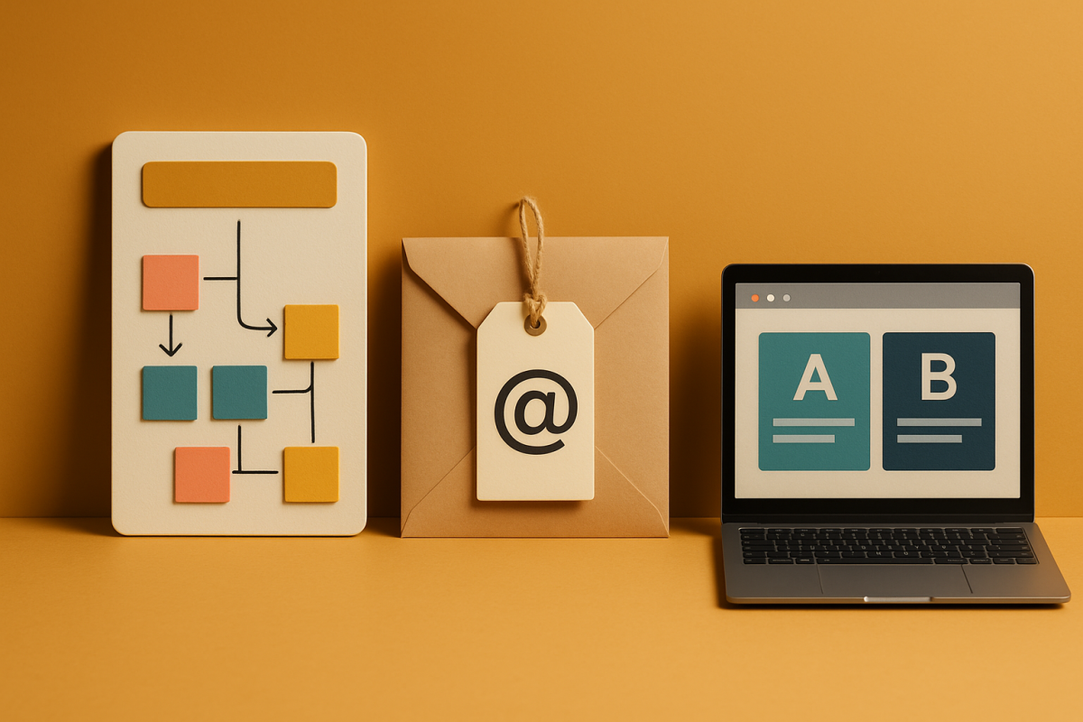 Fluxograma, envelope e laptop com interface de teste A/B
