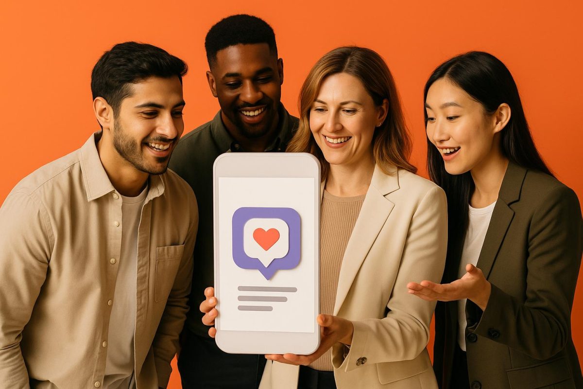 Grupo de profissionais animados com um smartphone de redes sociais.