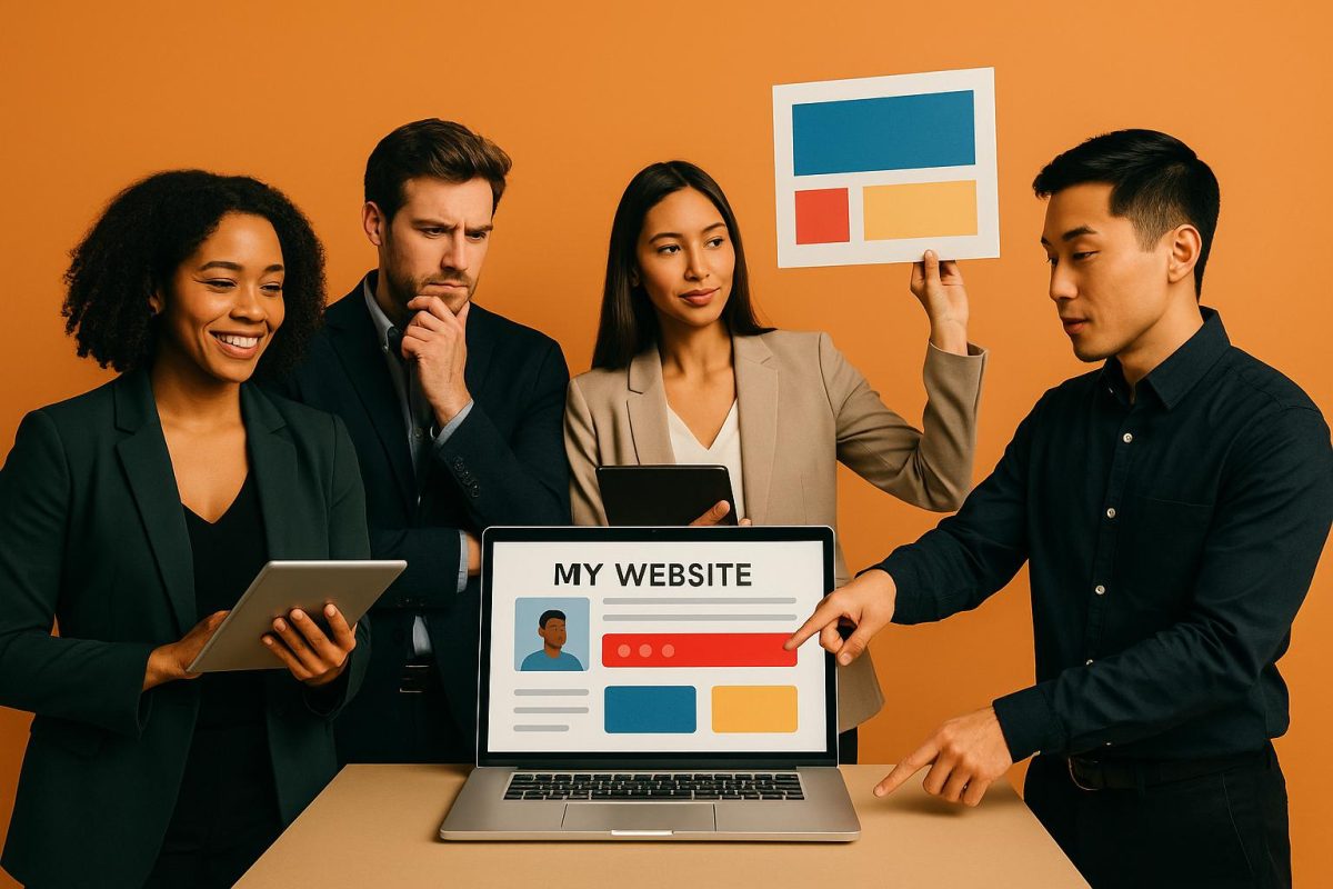 quatro pessoas discutindo sobre um site pessoal