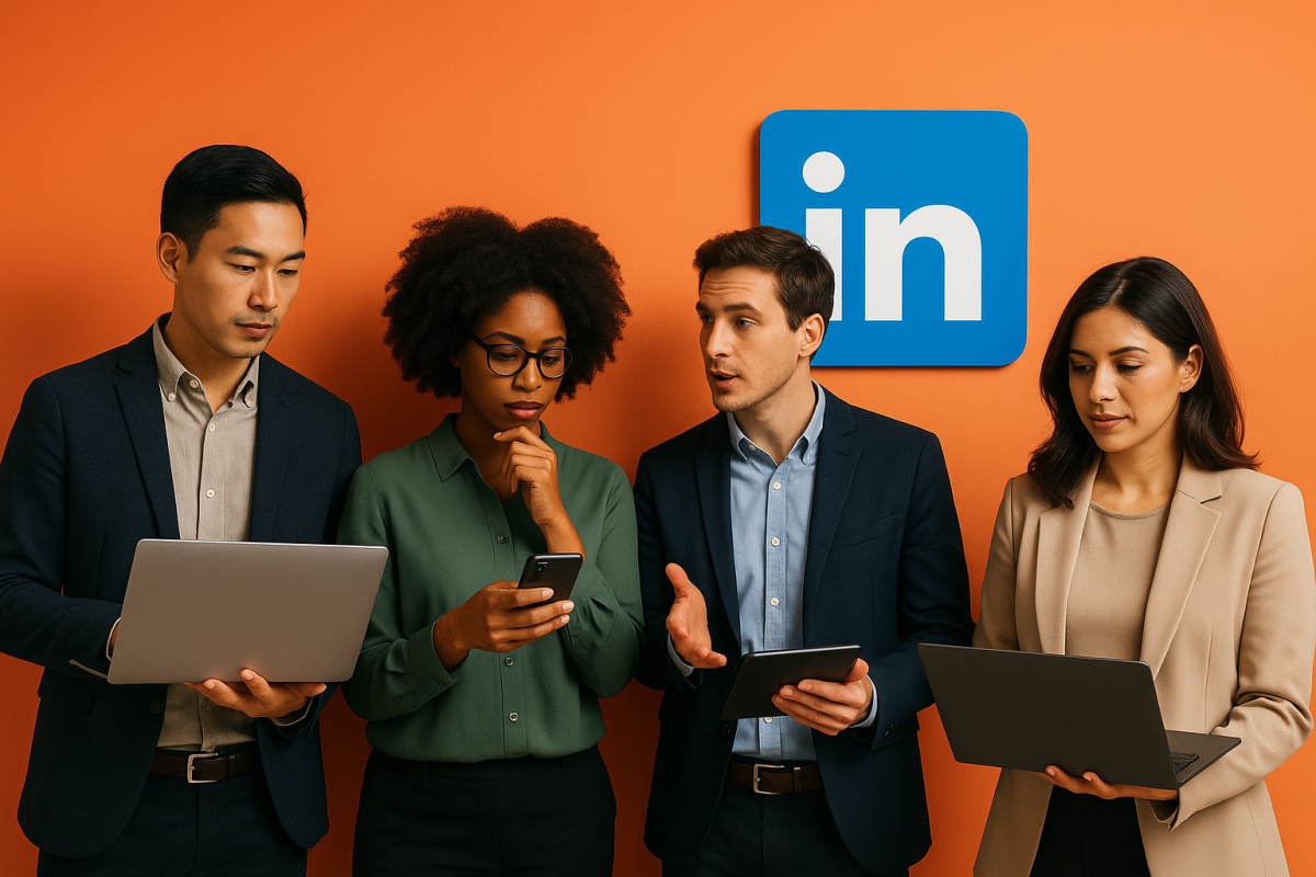 Grupo de profissionais discutindo em frente ao logo do LinkedIn