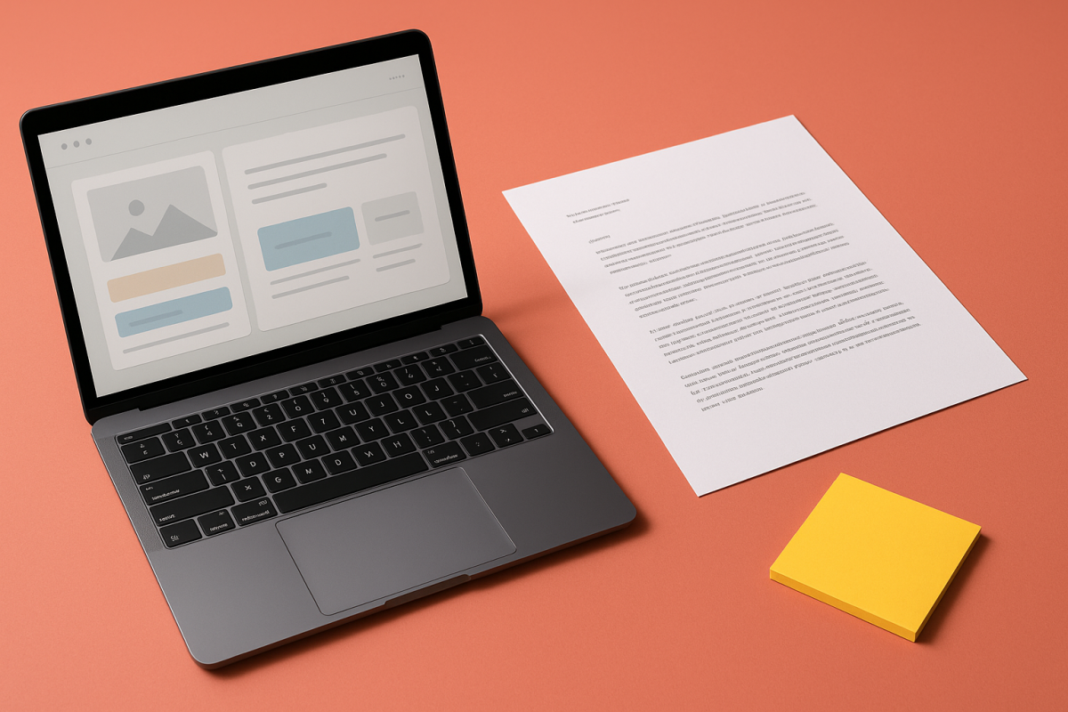 computador e papel sobre mesa laranja