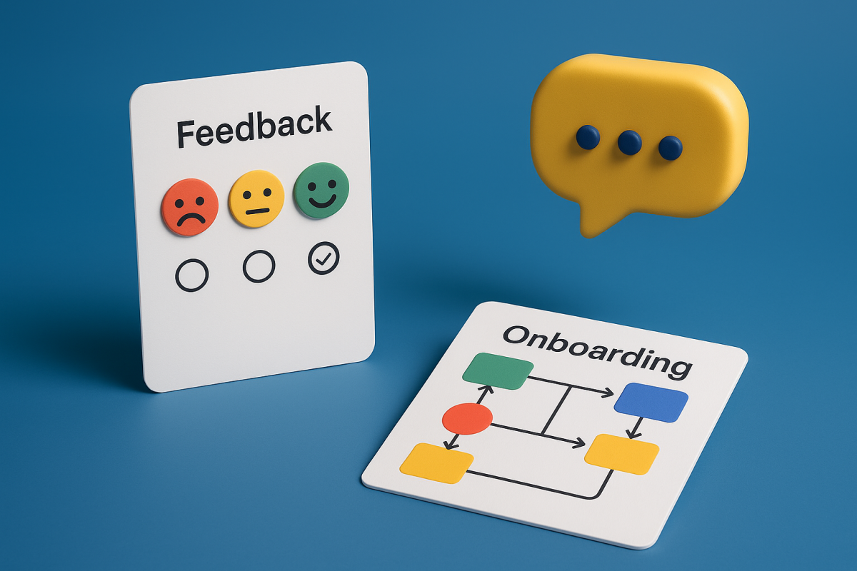 Cartões ilustrativos sobre feedback e onboardings.