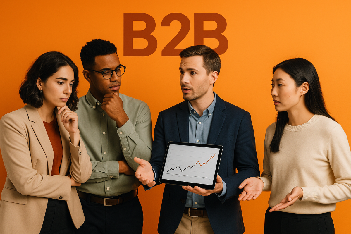 Grupo discutindo estratégia B2B com gráfico em tablet.