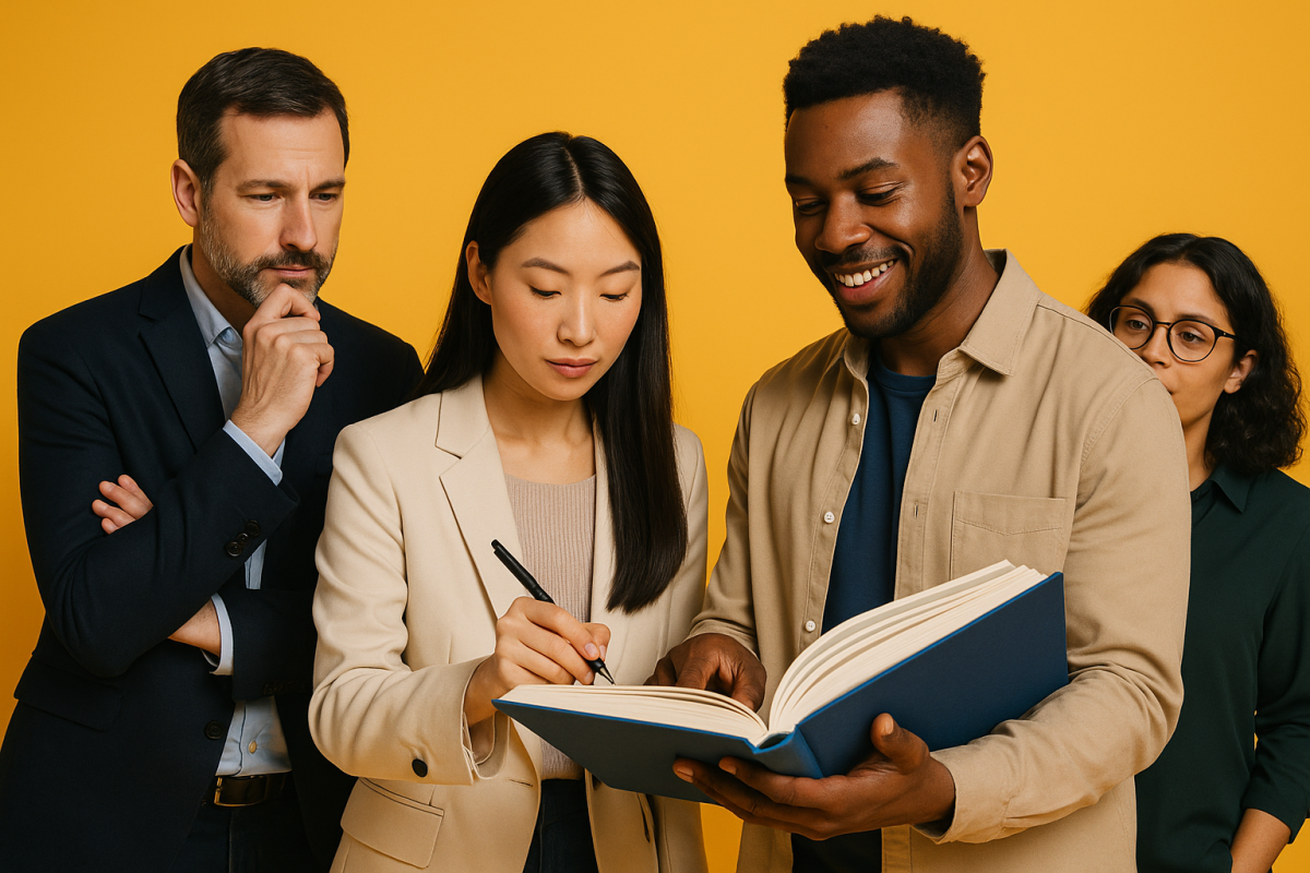 quatro pessoas interagindo com um livro em fundo amarelo