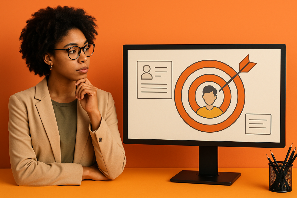 Mulher pensativa ao lado de um computador com gráficos de marketing.