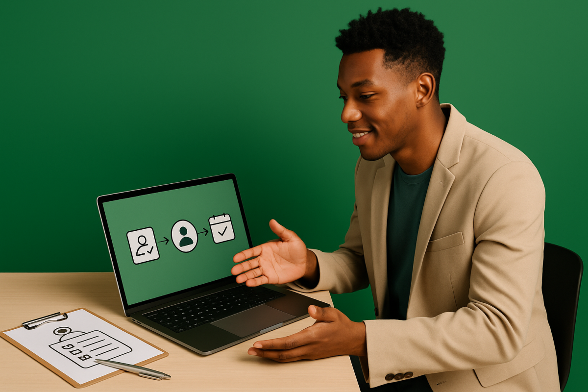 Homem apresentando um laptop com ícones de onboarding.