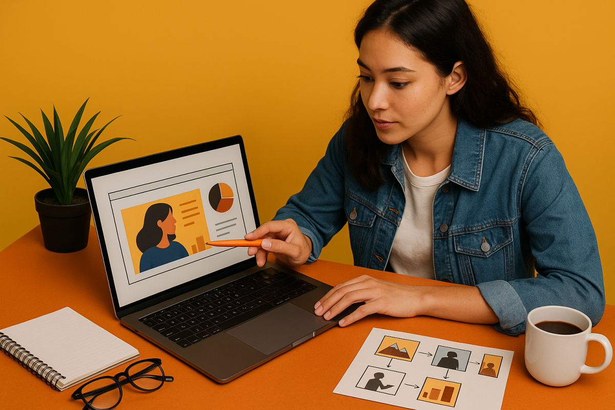 Mulher apresentando slides em um laptop com gráficos.
