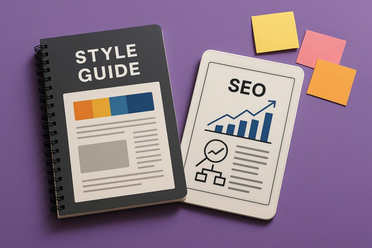 Caderno e tablet sobre guia de estilo e SEO