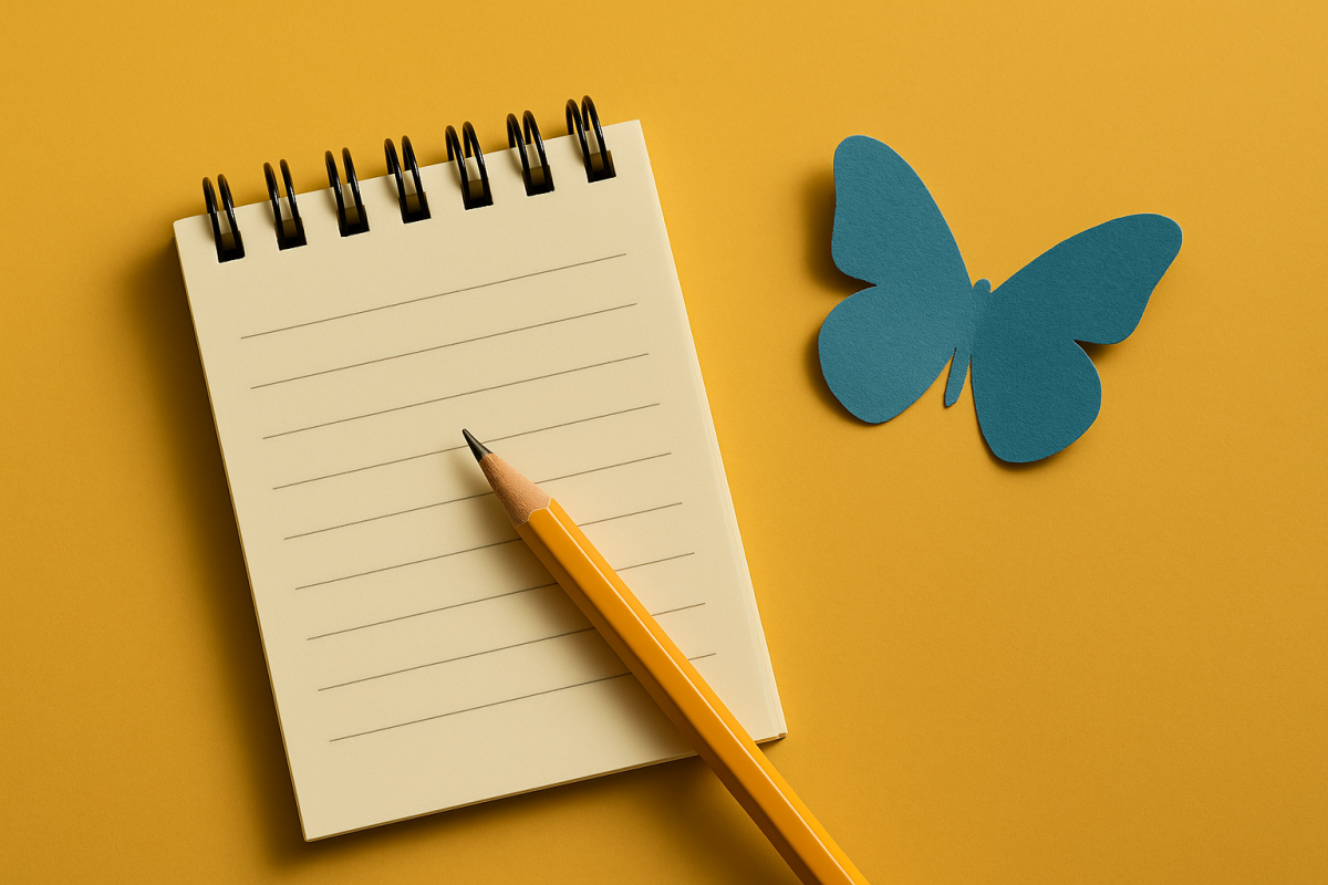 Caderno em uma mesa amarela com uma borboleta de papel.