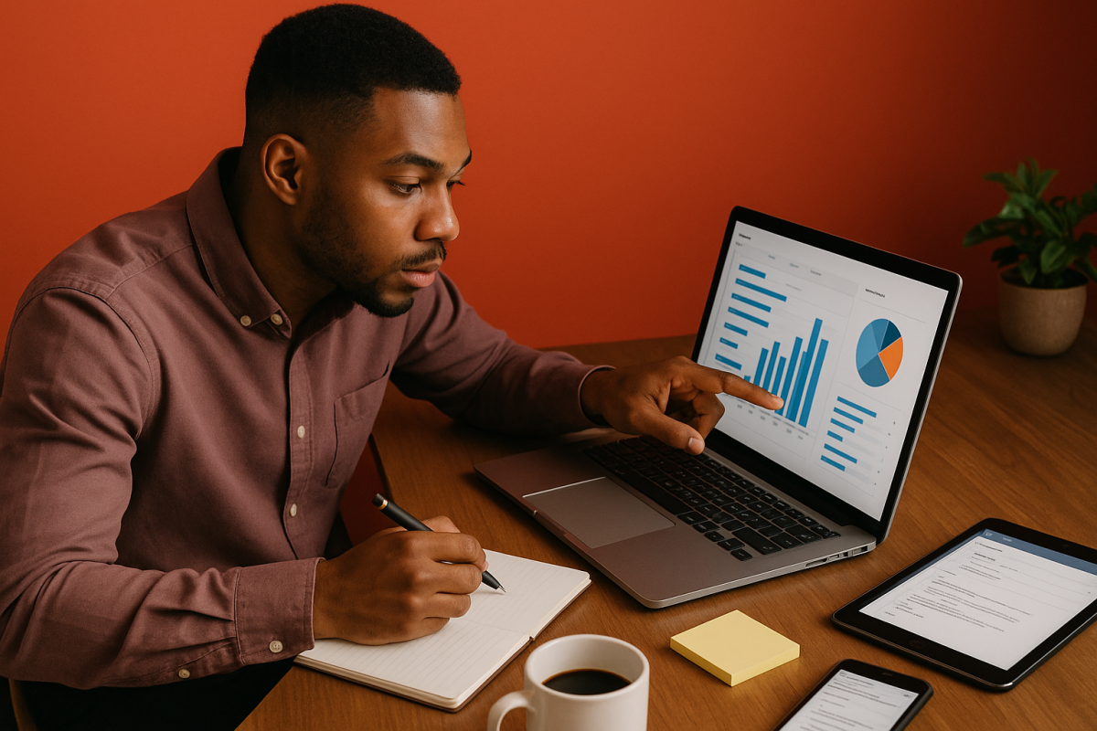 Homem analisando gráficos em um laptop