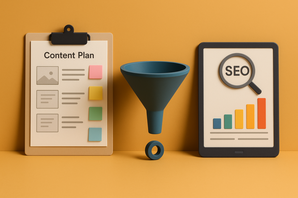 Modelo de funil de vendas com plano de conteúdo e gráfico de SEO.