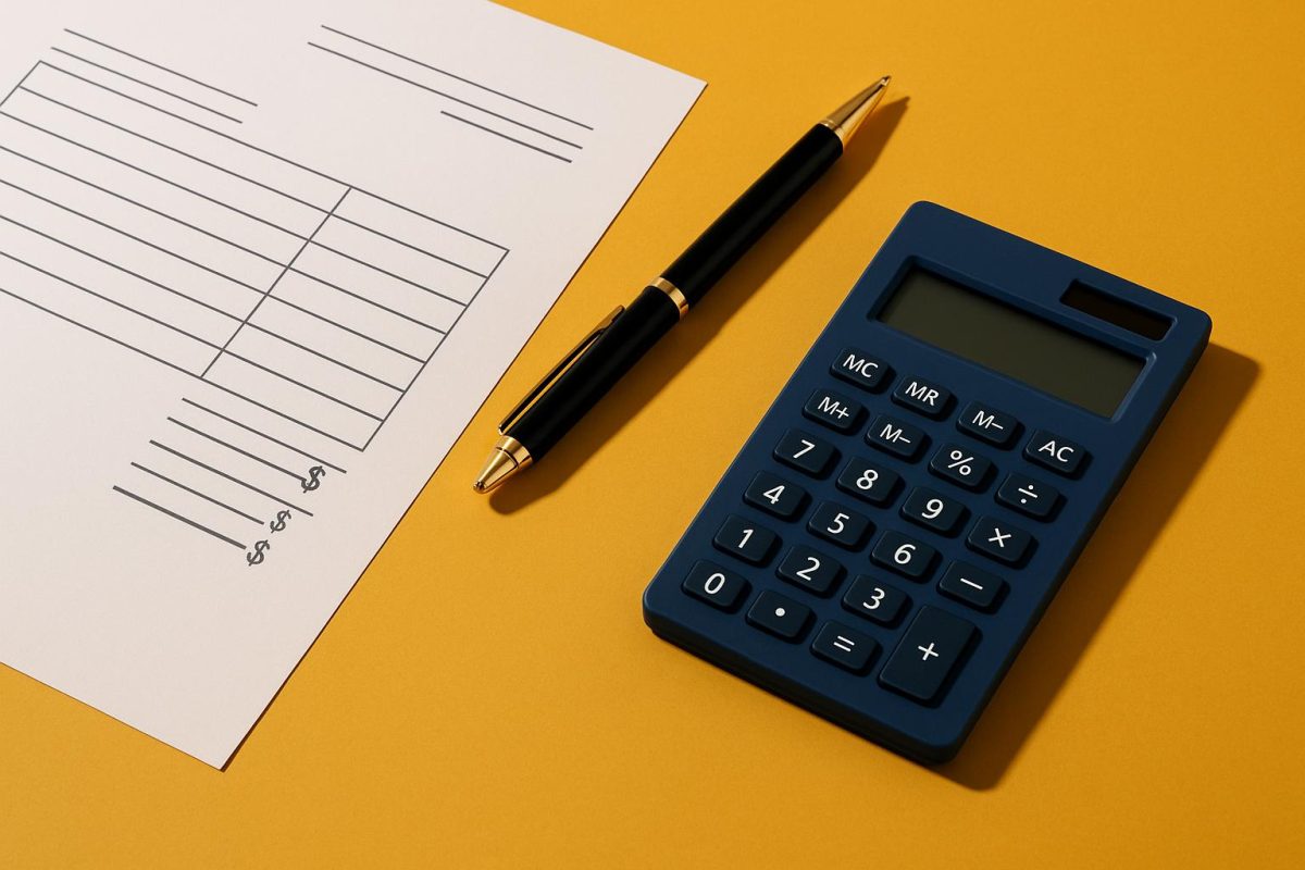 calculadora e caneta sobre fundo laranja