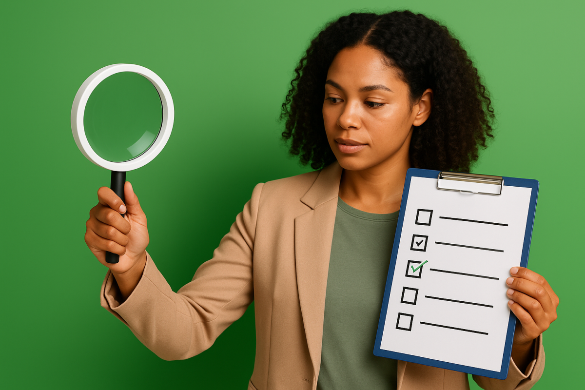 Mulher analisando uma lista com uma lupa
