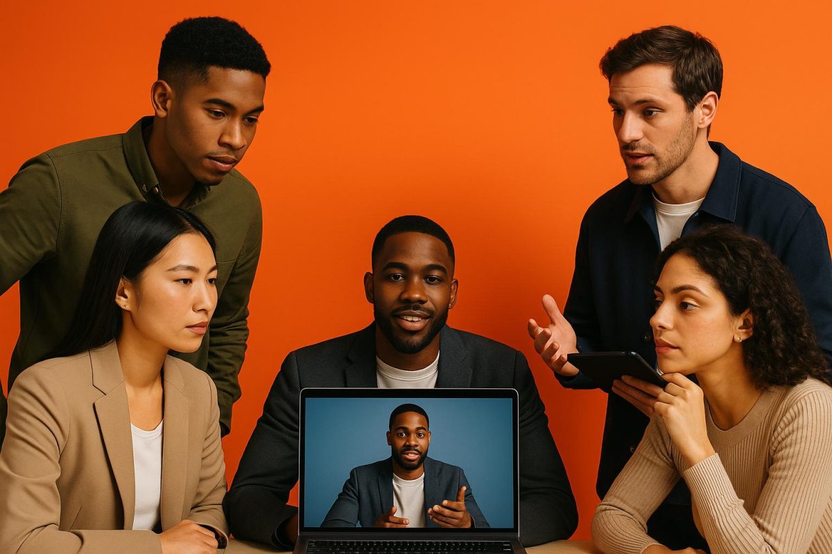 grupo de pessoas assistindo a um webinar em um laptop