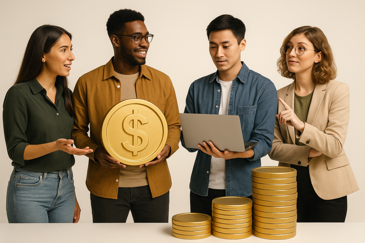 Quatro pessoas discutindo investimentos com moedas e laptop.