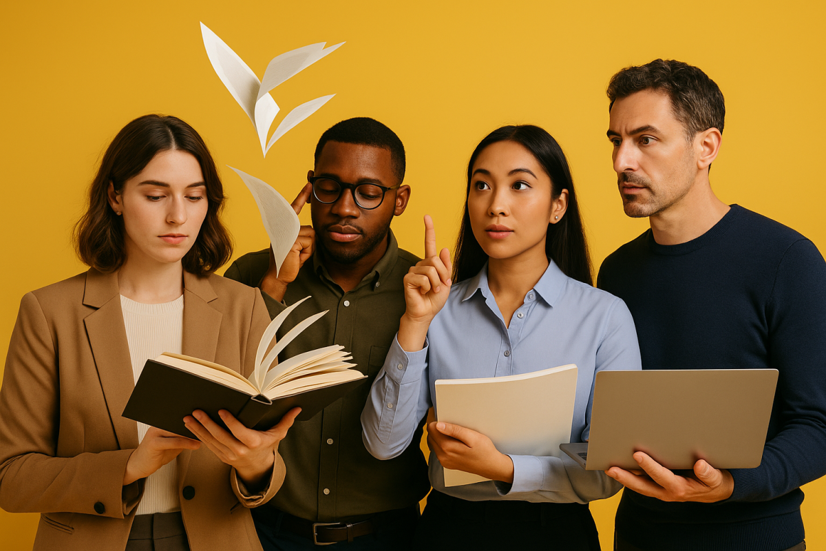 Grupo de pessoas analisando livros e materiais de estudo.