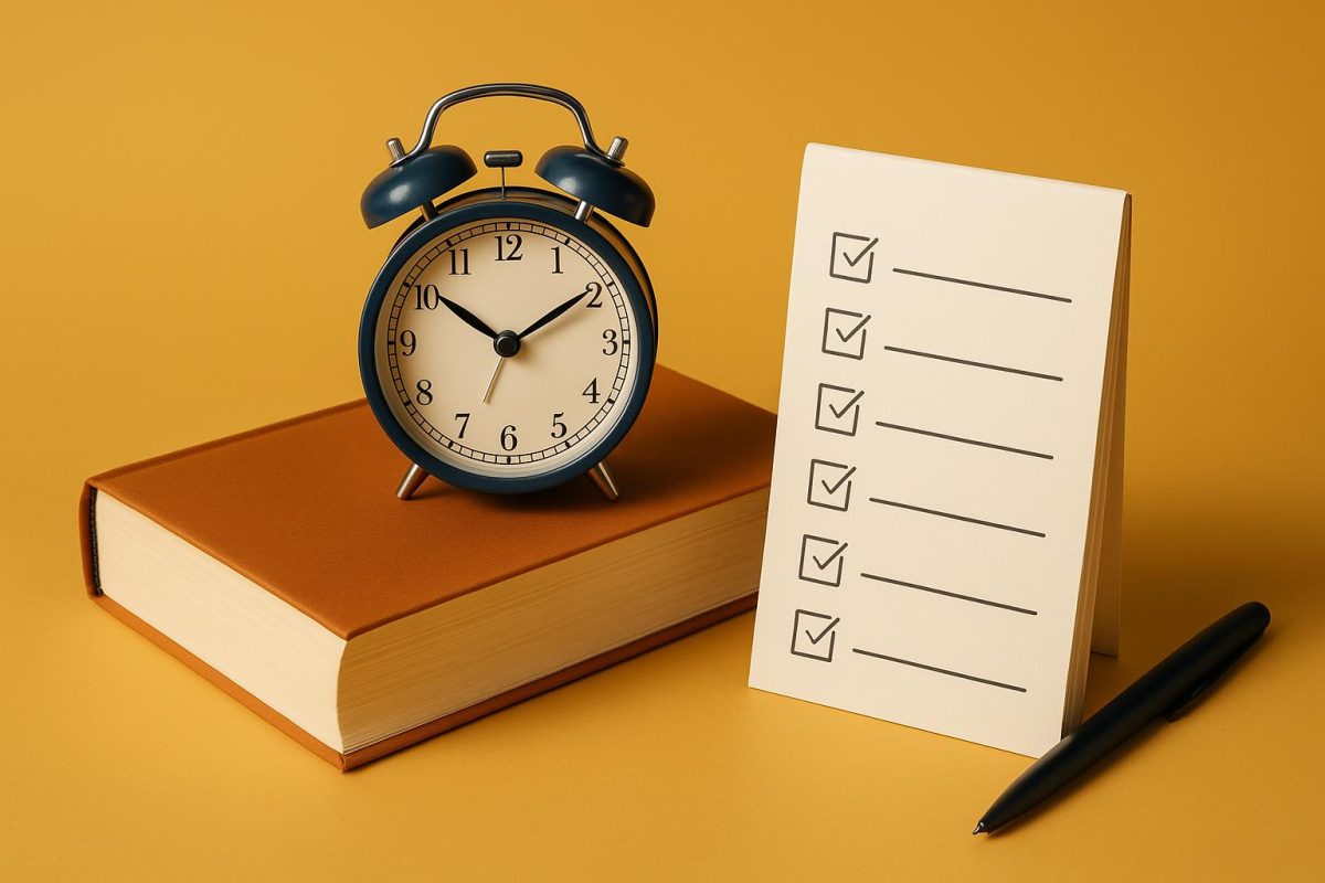 relógio sobre um livro e uma lista de verificação