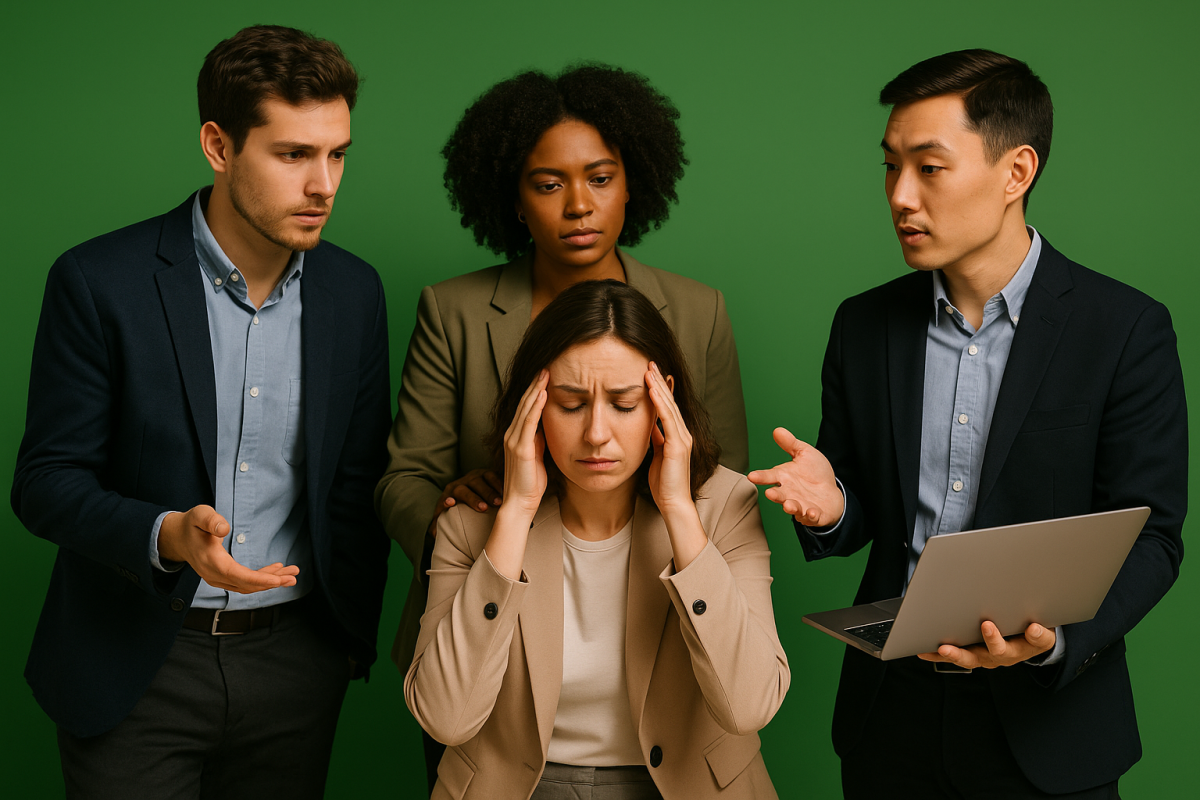 grupo de pessoas discutindo com alguém estressado