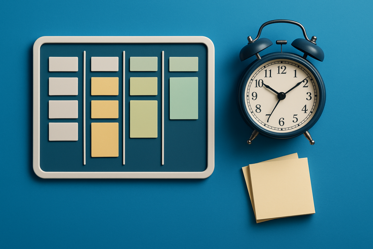 Quadro de organização com post-its e relógio ao lado.