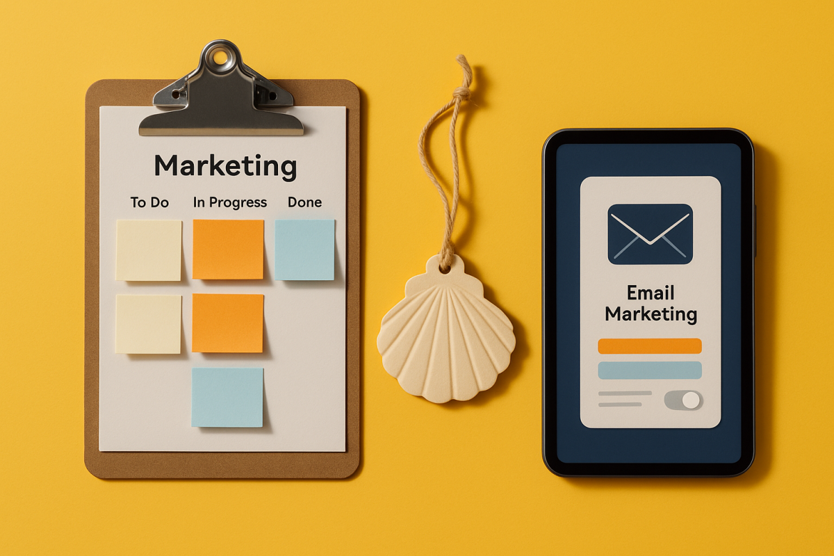 prancheta com post-its e celular mostrando marketing por email