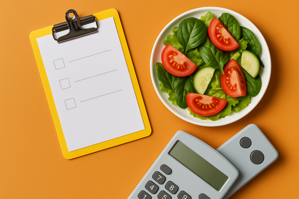 salada com vegetais frescos ao lado de uma prancheta e uma calculadora