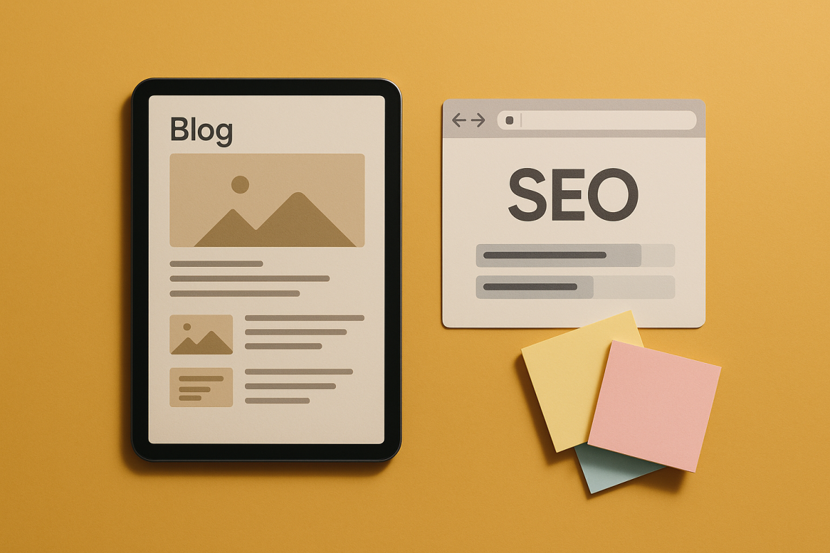 tablet com design de blog ao lado de notas adesivas coloridas