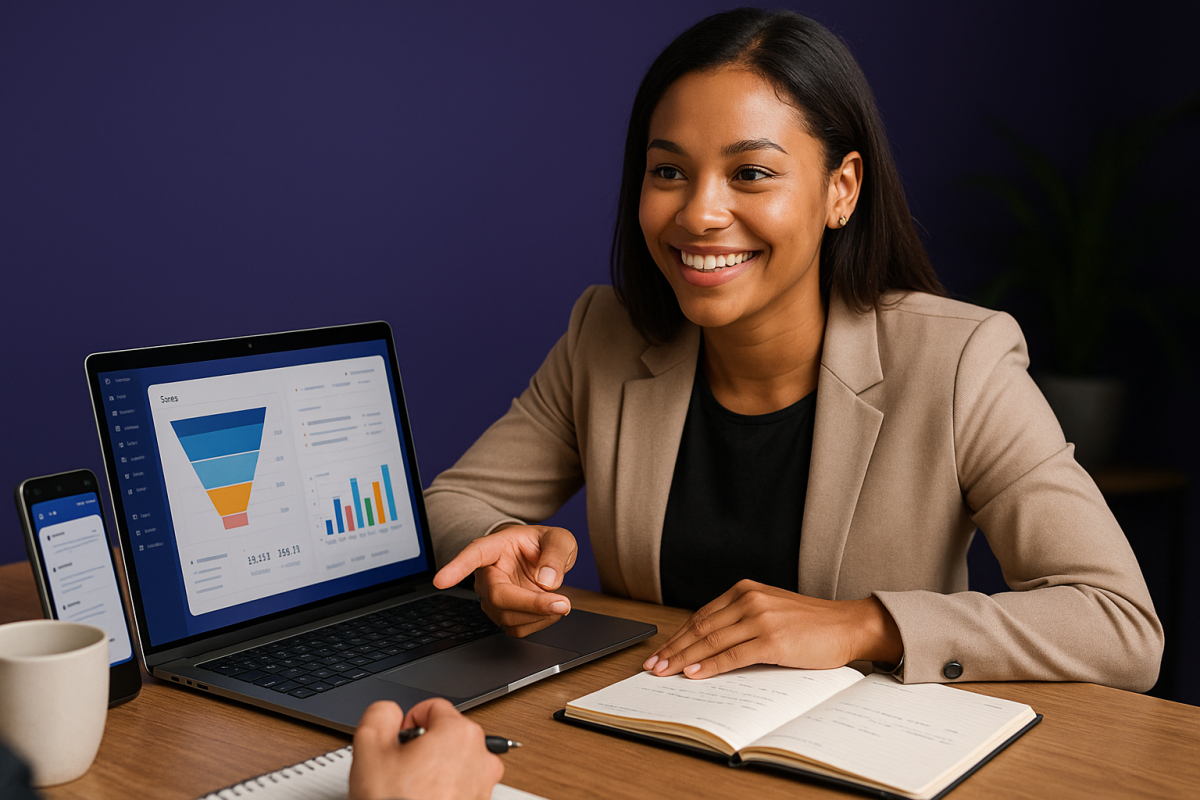 mulher sorrindo em reunião com gráficos no laptop