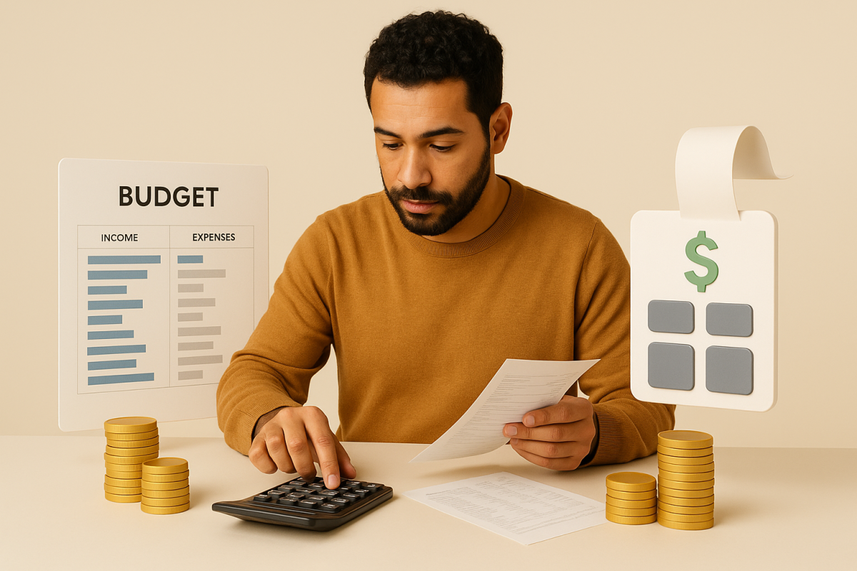 Homem organizando finanças com calculadora e gráficos.
