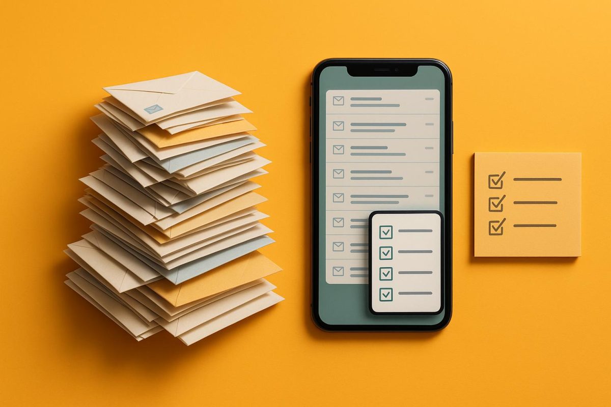 smartphone mostrando lista ao lado de cartas empilhadas