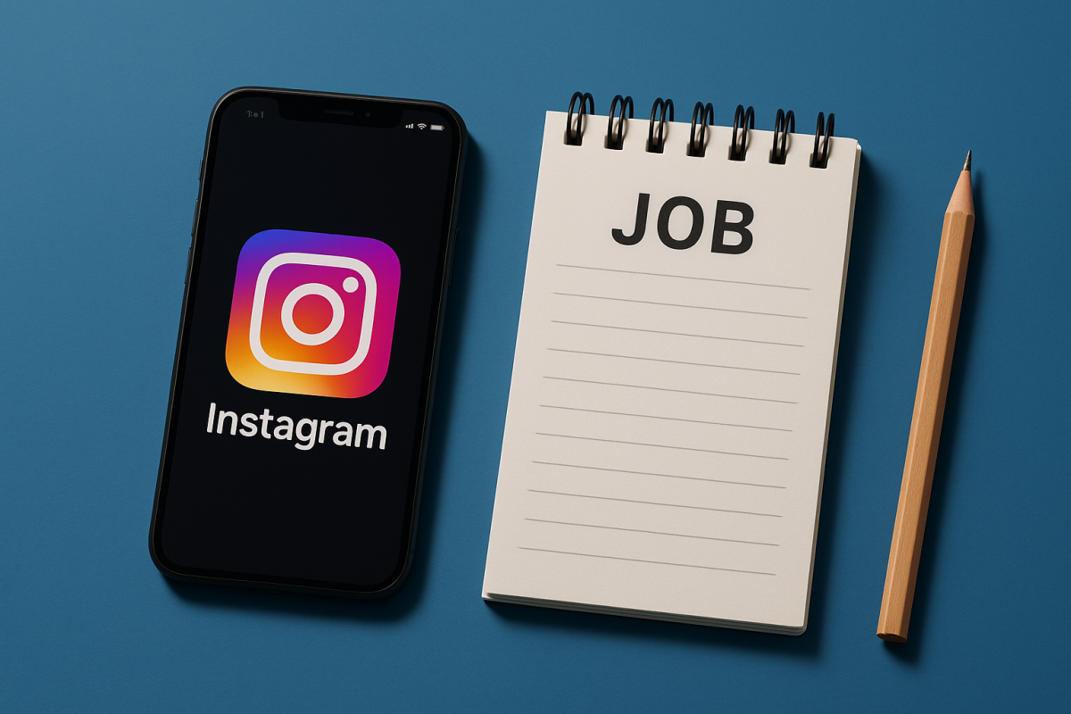 celular com logo do Instagram e bloco de notas com a palavra JOB