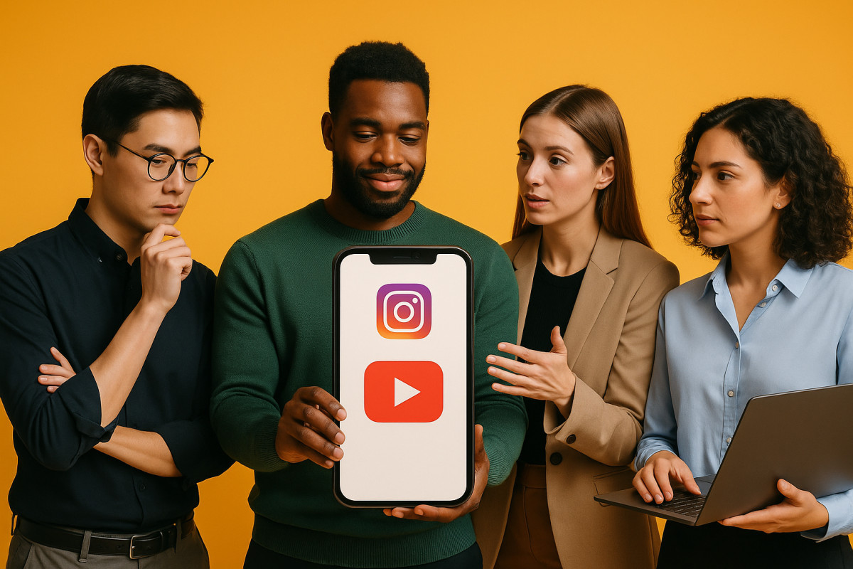 quatro pessoas conversando sobre redes sociais com smartphone