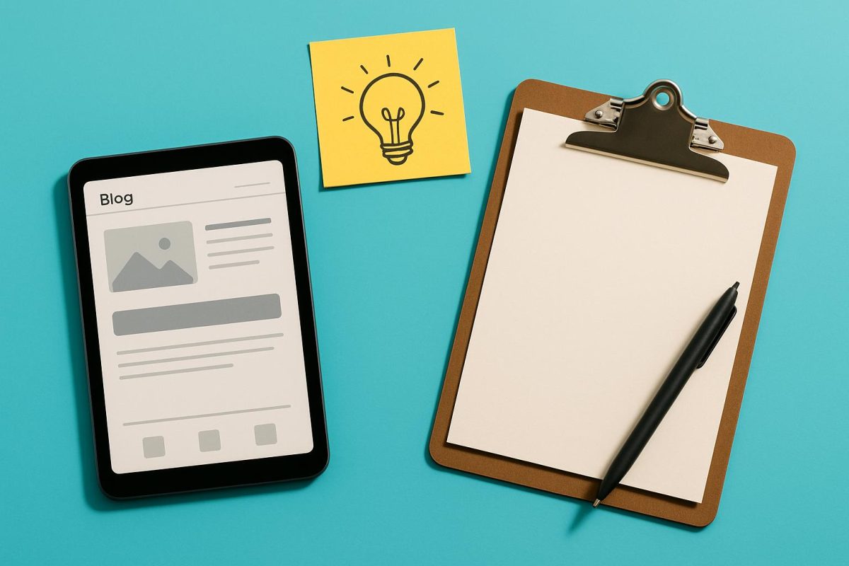 Tablet e bloco de notas com ideias criativas