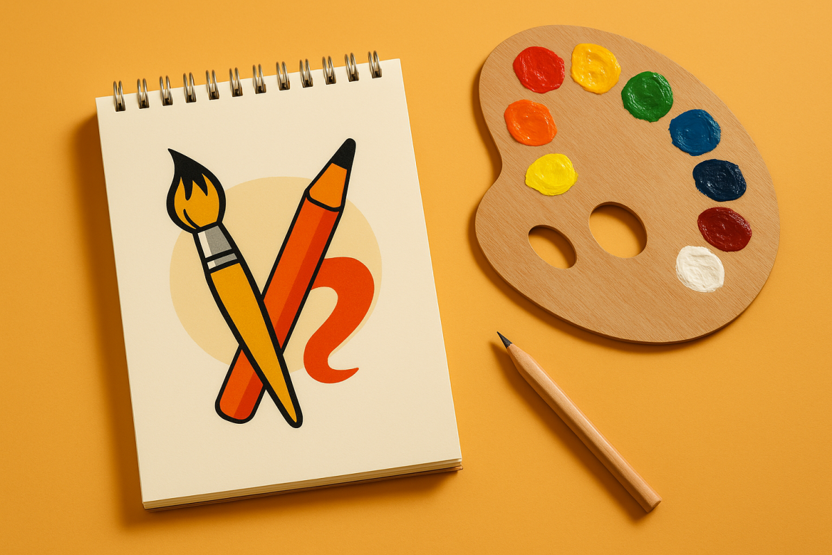 Materiais de arte sobre fundo laranja