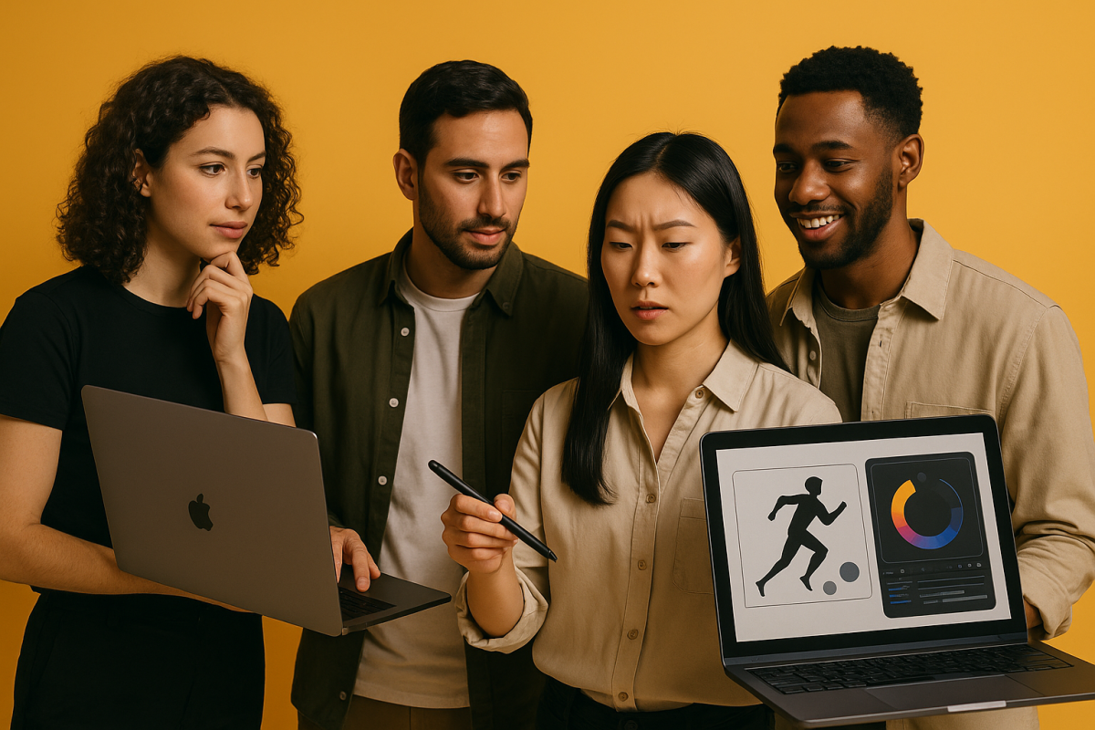 quatro pessoas discutindo design em laptops