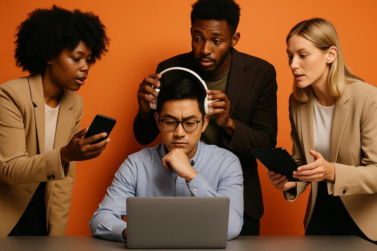 Grupo de pessoas tentando ajudar um homem a se concentrar no trabalho.