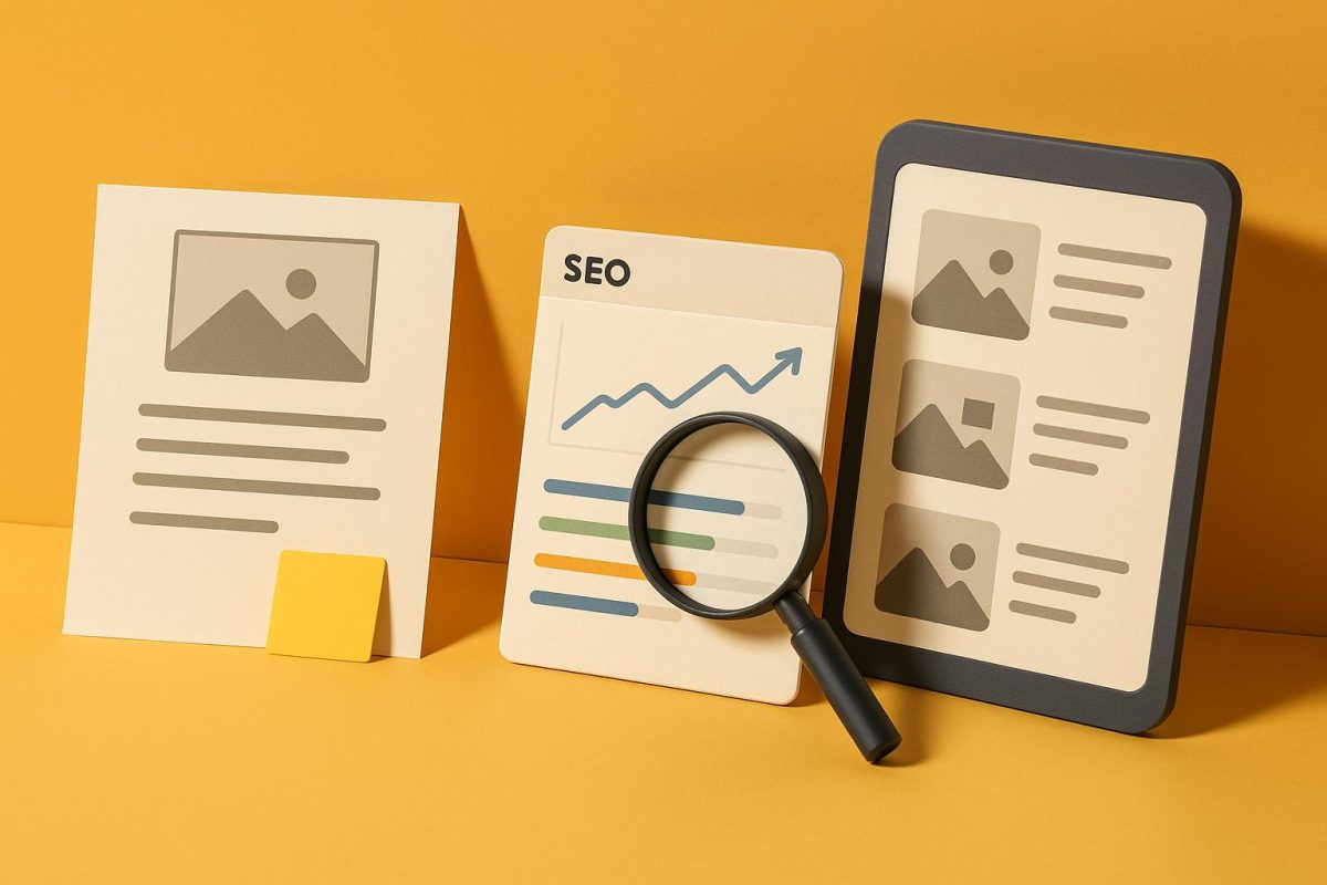 materiais de SEO em fundo amarelo
