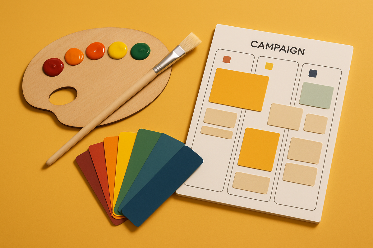 paleta de pintura e cartões de cores sobre fundo amarelo