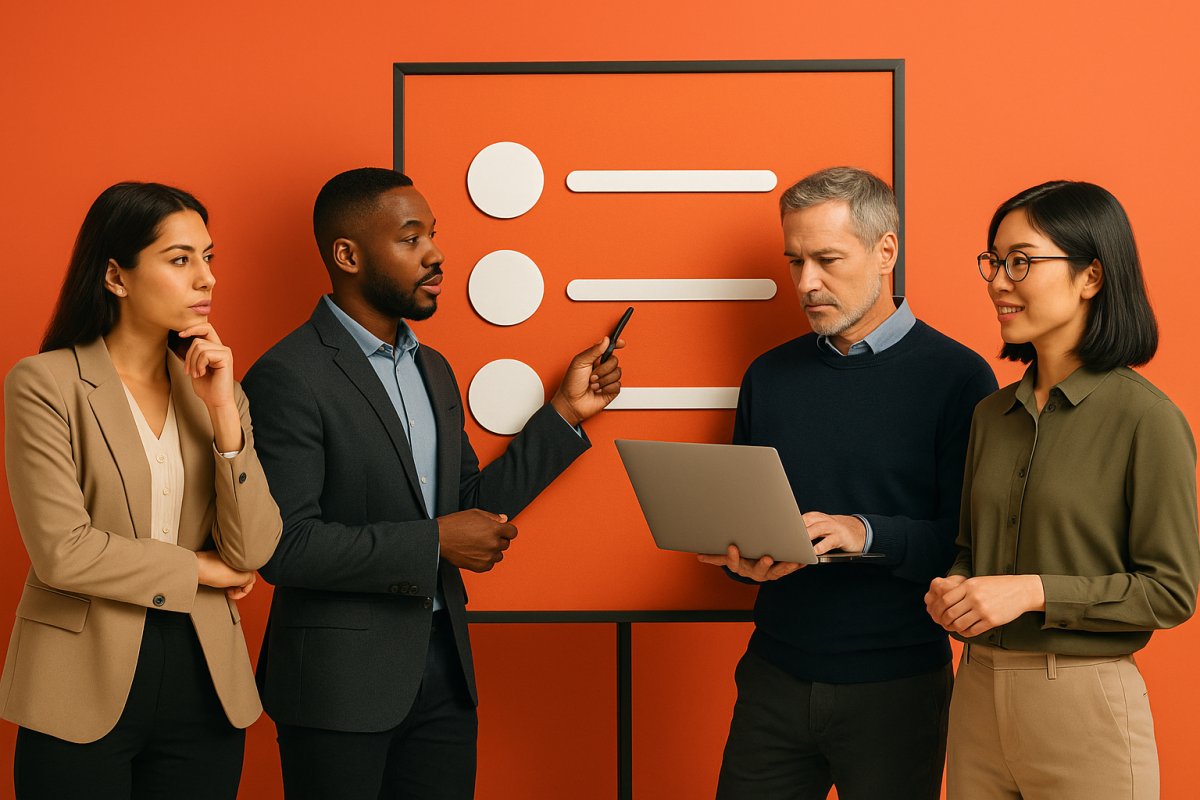quatro pessoas discutindo em ambiente de trabalho