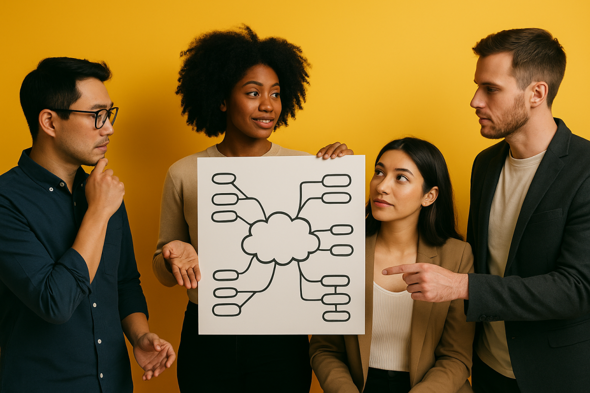 Grupo discutindo ideias com quadro em fundo amarelo