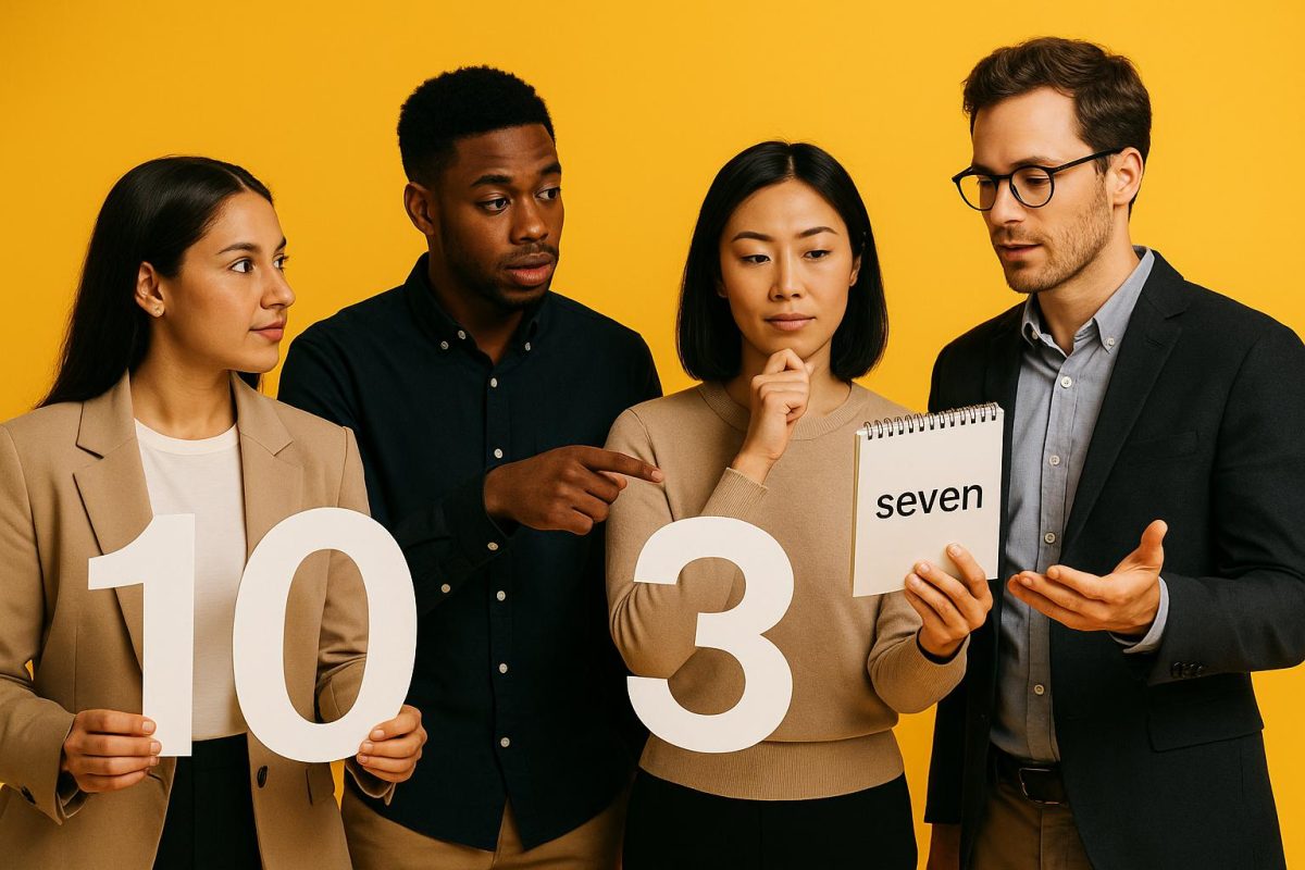 Quatro pessoas segurando números em fundo amarelo