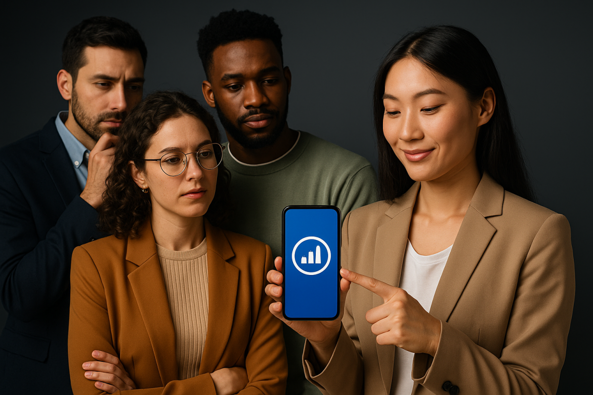 Grupo de pessoas observando gráficos em um celular.