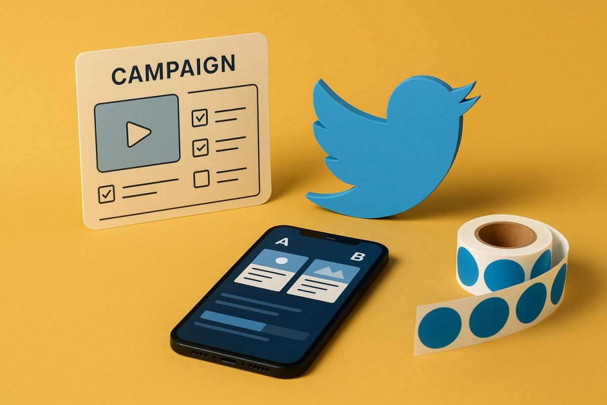 Objeto representando o Twitter e elementos de marketing