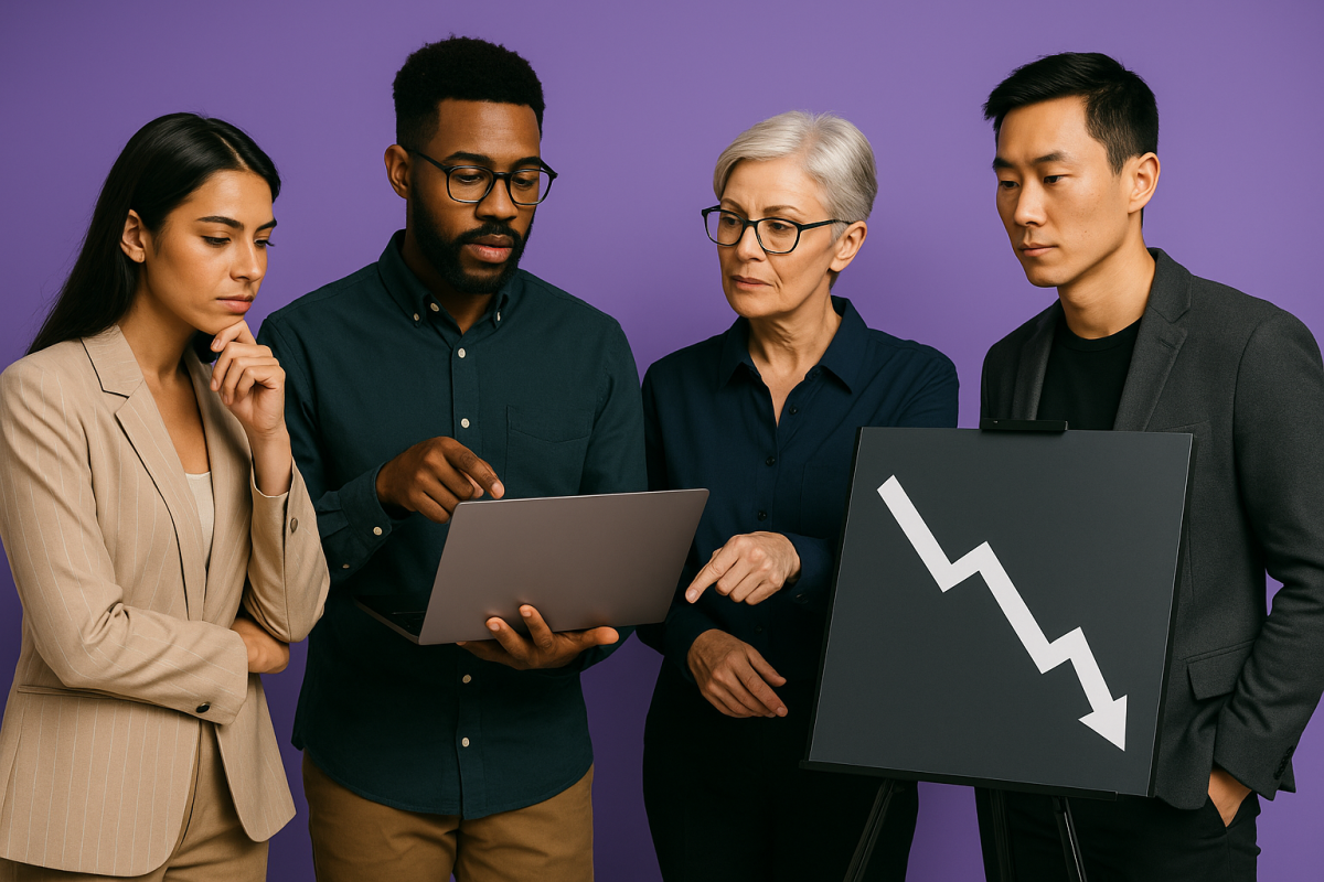 quatro pessoas discutindo um gráfico em baixo em um laptop