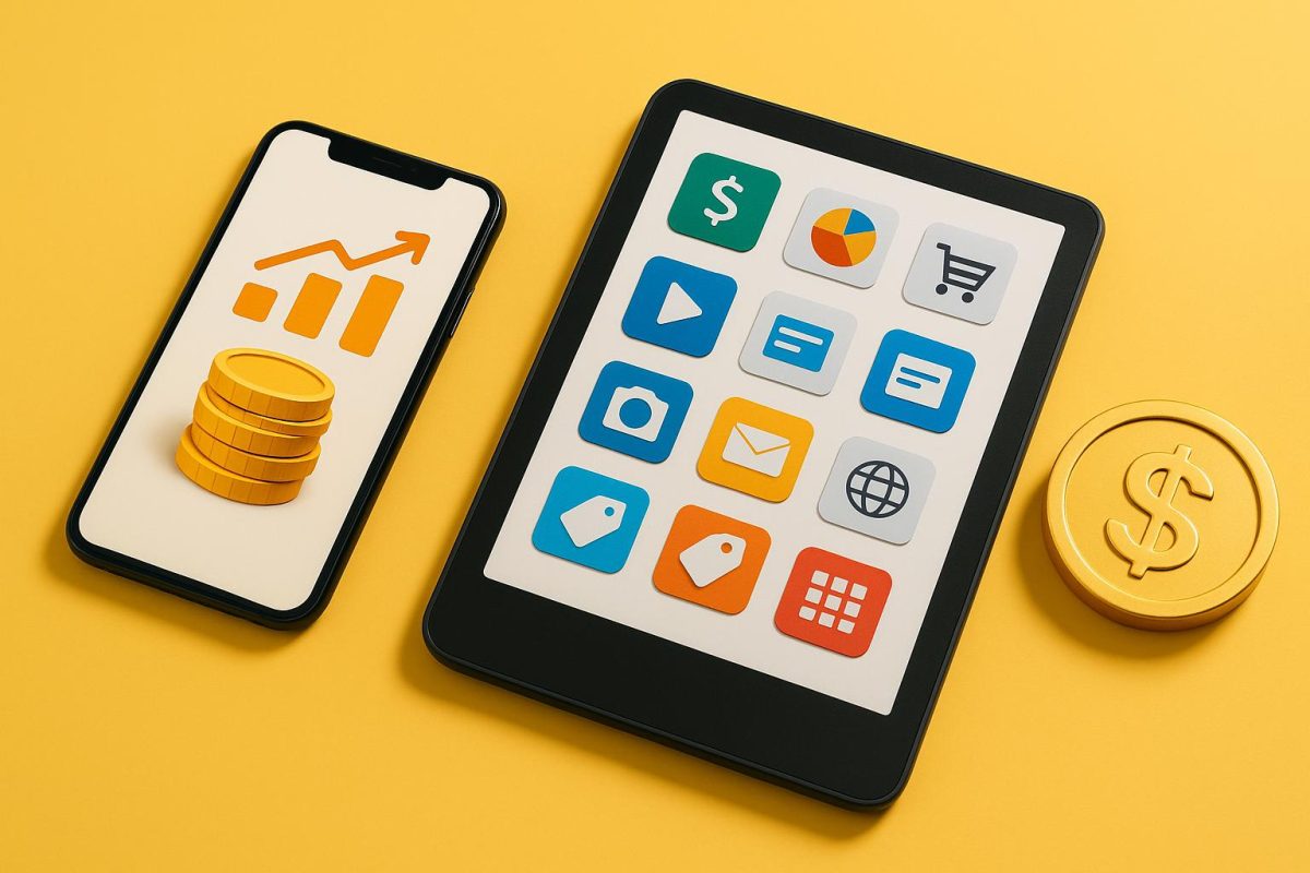 Celular e tablet com ícones financeiros sobre fundo amarelo.