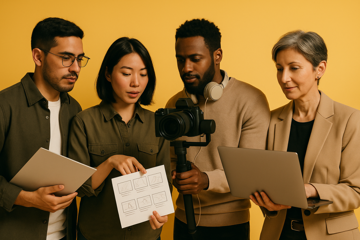 Quatro pessoas colaborando em um projeto de vídeo