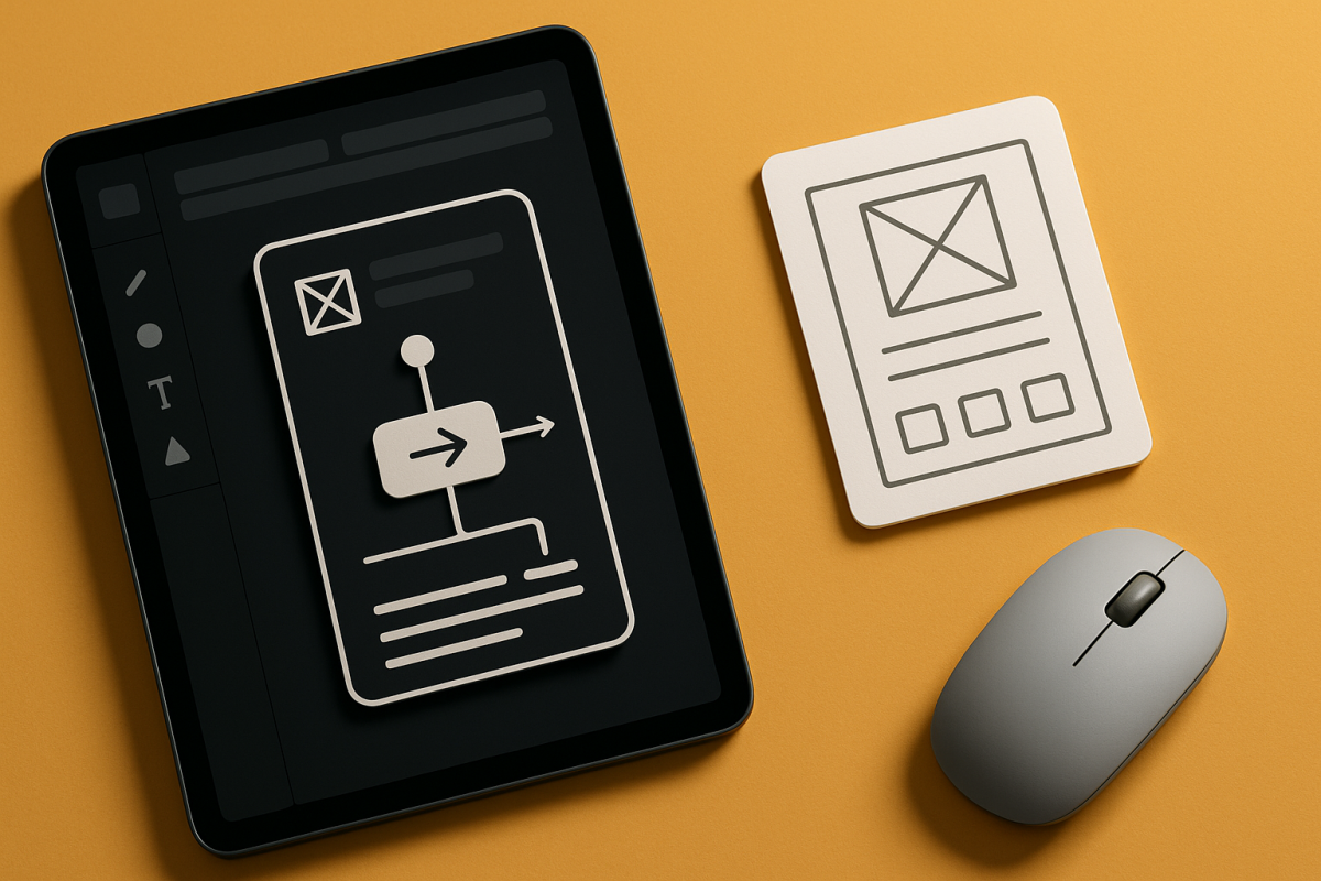 Tablet e mouse sobre fundo amarelo com layouts de interação